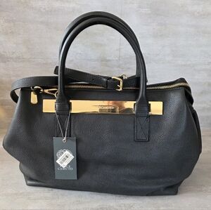 Vince Camuto Black Pebbled Leather Handbag with Gold Bar Accent NWT